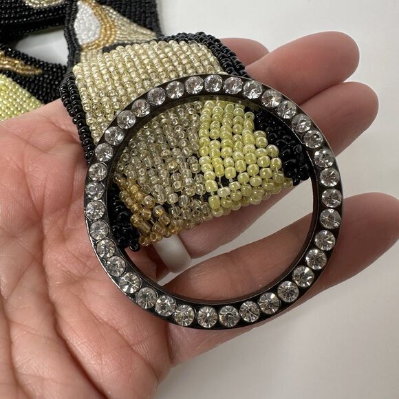 Abstract Seed Bead Silk Belt Womens Sz M Rhinestone O-Ring Buckle Evening Formal - Picture 3 of 15